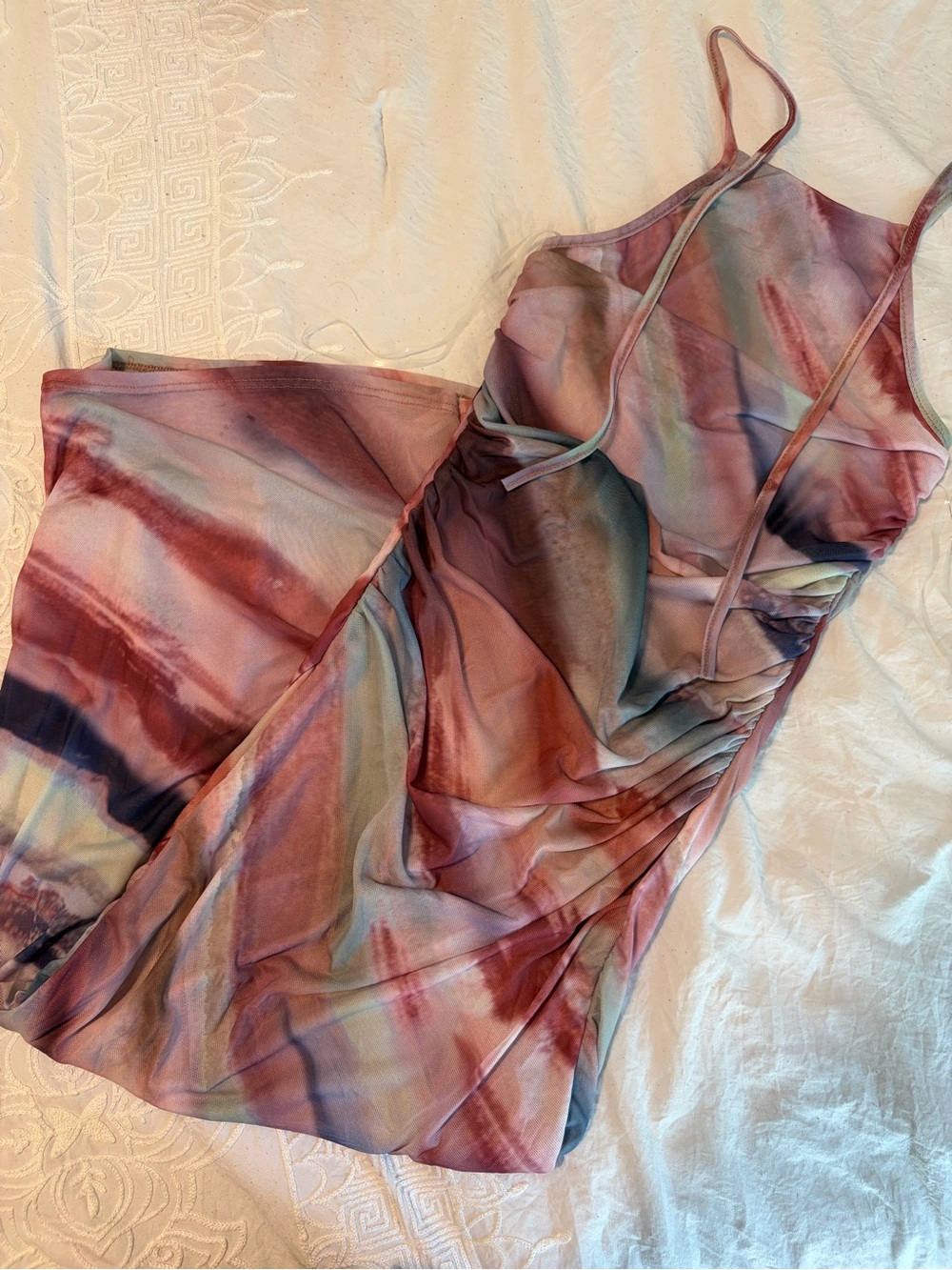 Caution to the Wind Watercolor Tie-Dye Slip Dress in Mauve and Teal